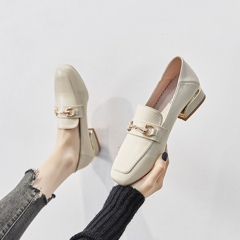 2024 spring and autumn new for women casual hundred square head leather lazy shoes thick heel work loafers
