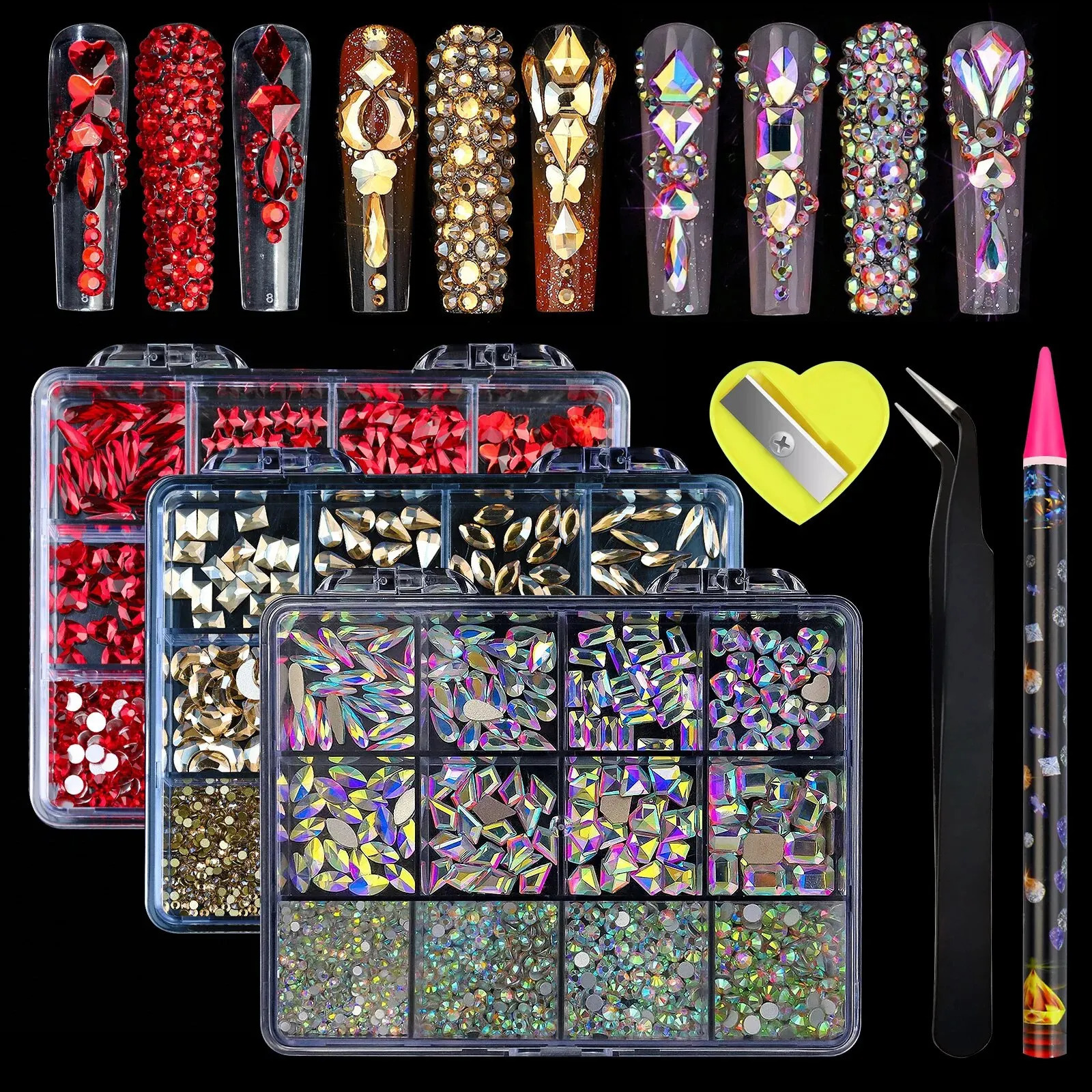 12 Grid 3D Nail Alloy Gem Water Diamond Jewelry Charm Heart Crystal Gem Nail Processing Accessories Nail Ar 240625