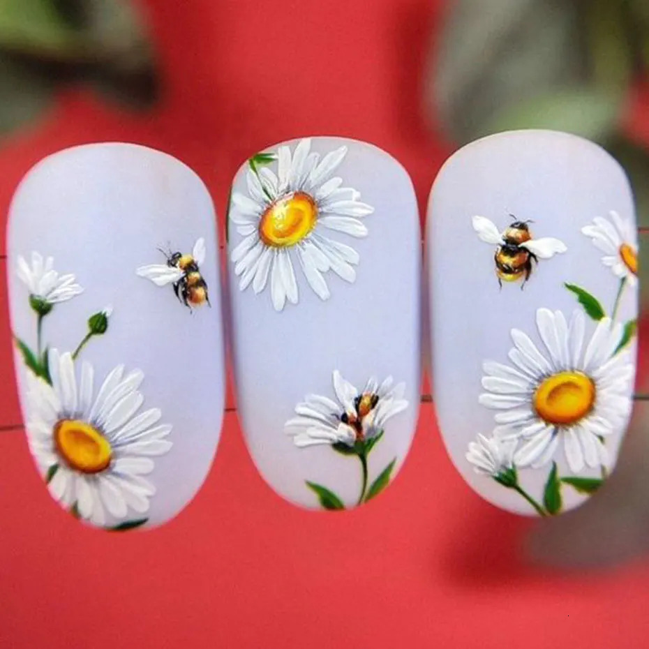 5D Cute Bees Chrysanthemums Nail Stickers Petals Flowers Butterflies Insects Self Adhesive Craft Stickers DIY Charm Foil Decorative Nails 240625
