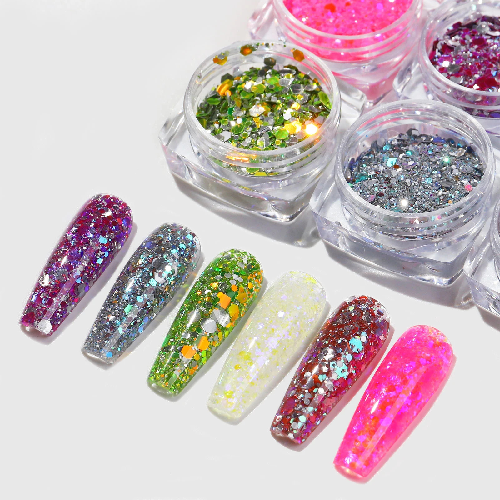 6pcs/set Reflective Flash Glitter Nail Powder Flash Disco Crystal Diamond Chrome Pigment Dipping Powder Party Sparkly 240625