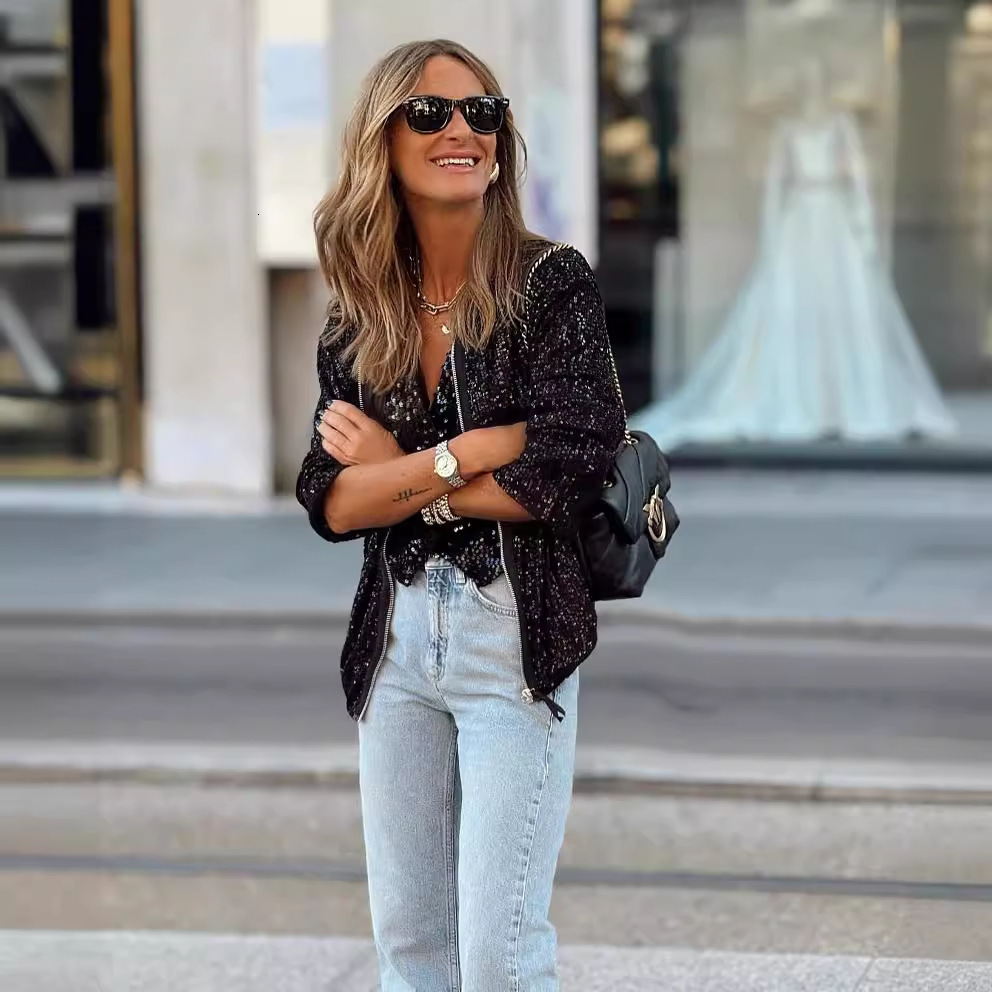 Commuter Lady Elegant Zipper Short Jacket Spring Glitter Sequin Shiny Top Cardigan Women Long Sleeve Pocket Autumn Coat Outwears F6.26#40