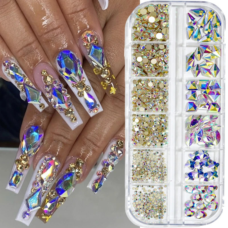 12 Grid/Box Crystal Nail Art Rhinestone Glass SS4-SS16 Nail Shining Tablet 3D DIY Nail Art Decoration 240625