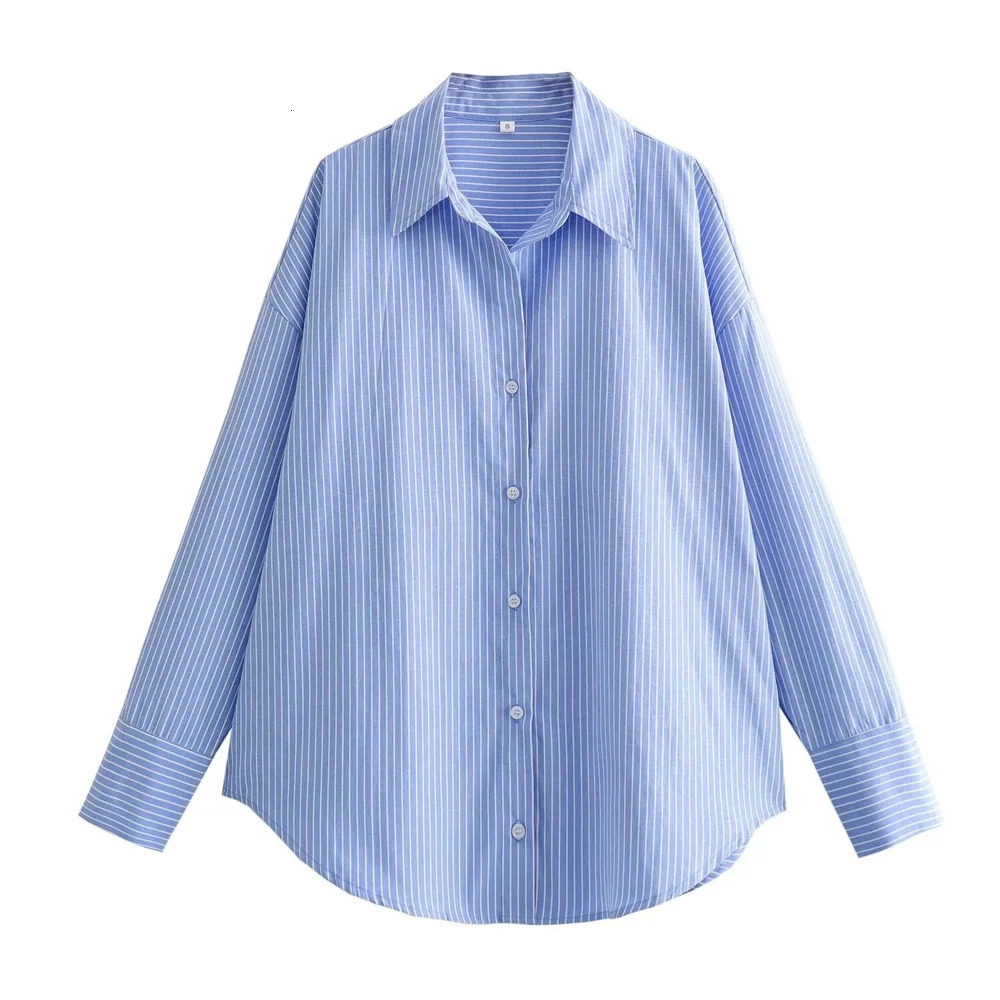 ZAR * Spring/Summer Selling Womens Casual Fashion Versatile Loose Blue Striped Oxford Shirt 240626