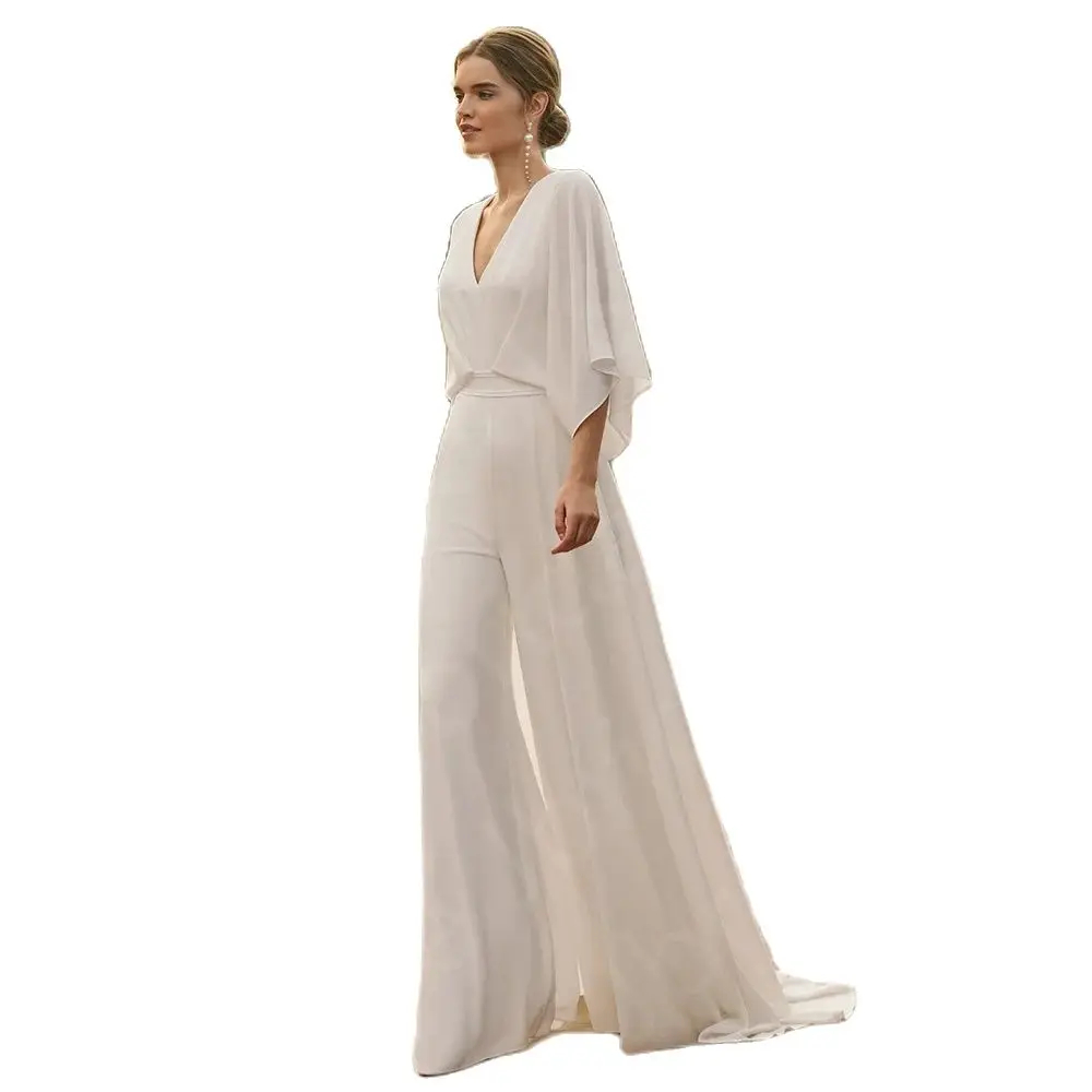 Simple White Chiffon Wedding Dresses Pants Suits Bridal Gowns With Detachable Train V Neckline Bride Jumpsuits 3/4 Long Sleeves Beach Wedding Gown Ope