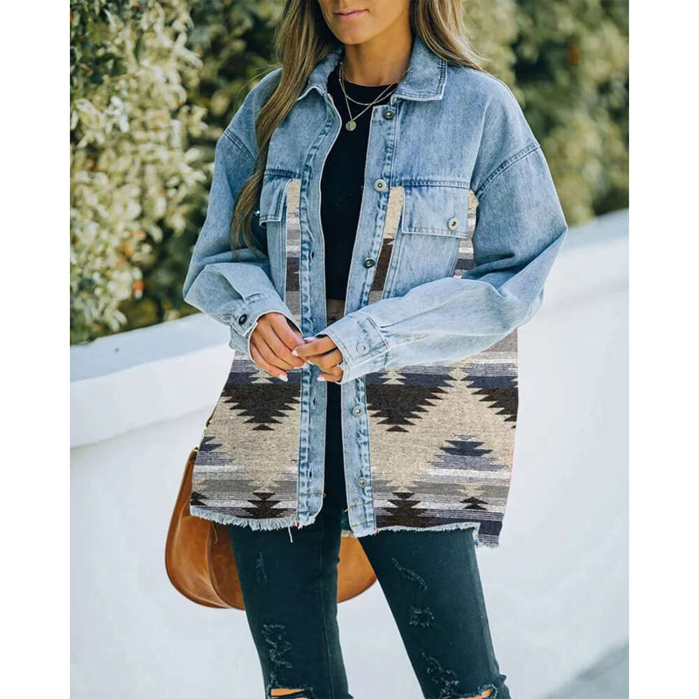 2024 Autumn and Winter New Patchwork Woolen Coat Retro Furred Mid-length Denim Jacket Women F6.26#64.5