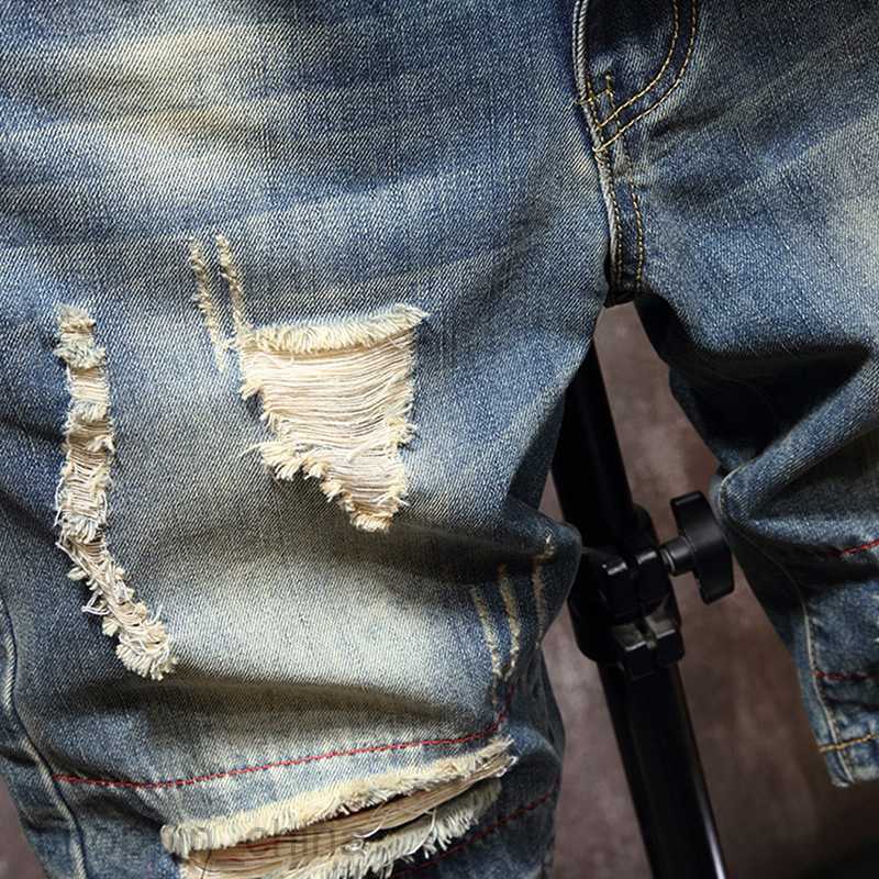 Men's Shorts new Male holed denim midpants with straight tube cloth large size Capris man shorts fashion