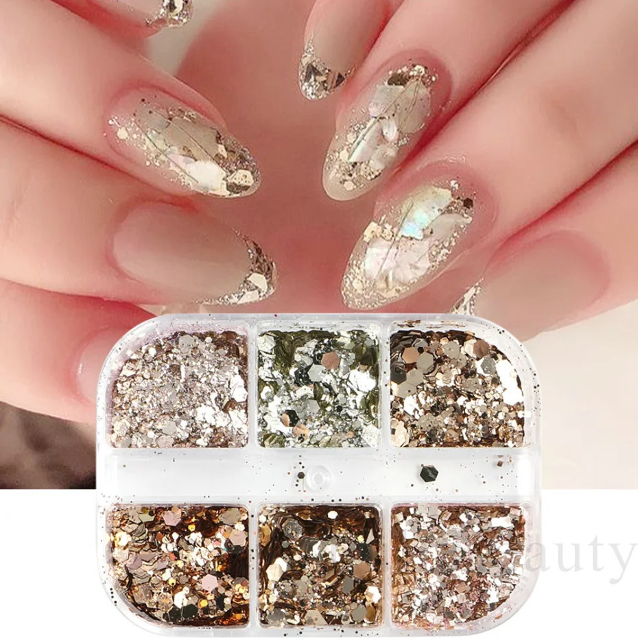 Sparkling Champagne Nail Sequins Silver Reflective Effect Thin Wedding Nail Charm Oil Painting Decoration LA1909-48 240625