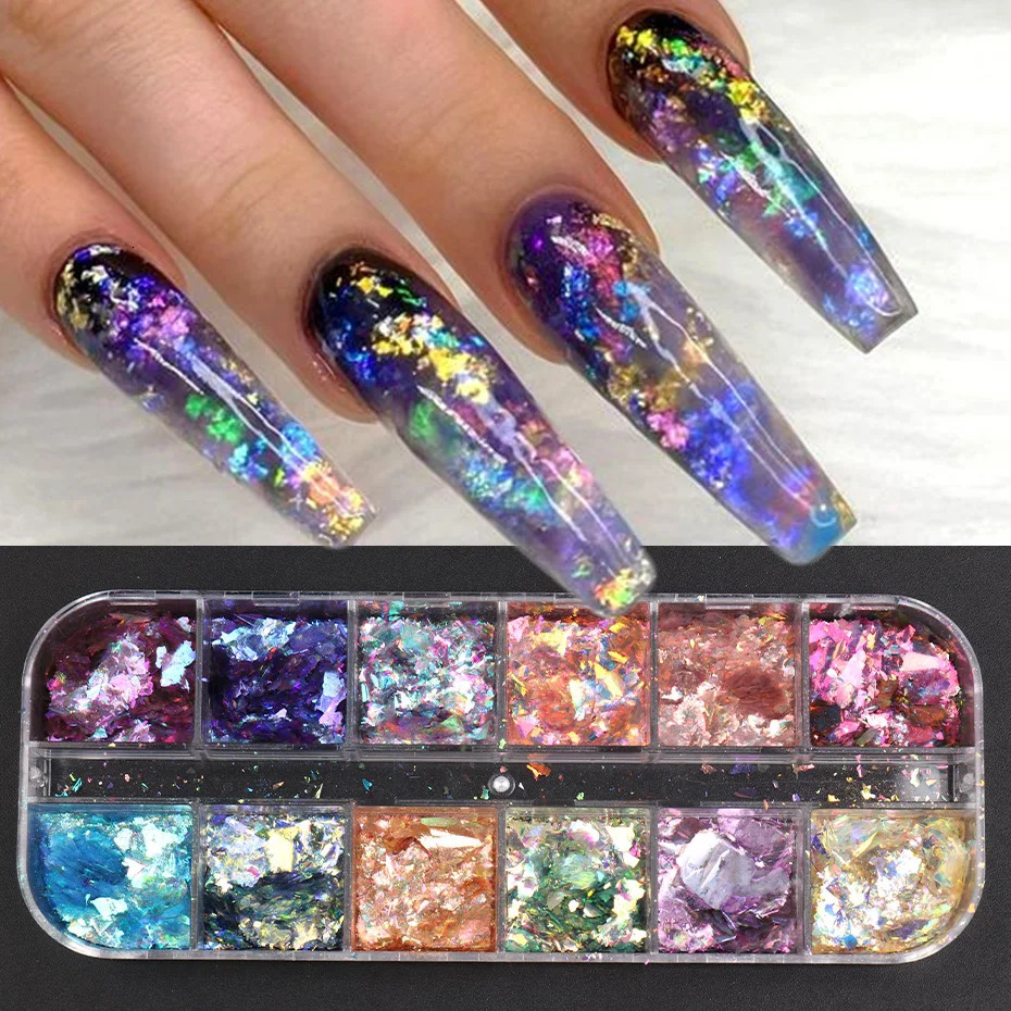 12Grid Aurora Ice Crystal Opal Powder Nail Glitter Iridescent Dust Charm Nail Flakes Slice Sparkly Brocade Sequin Manicure BEYFH 240625