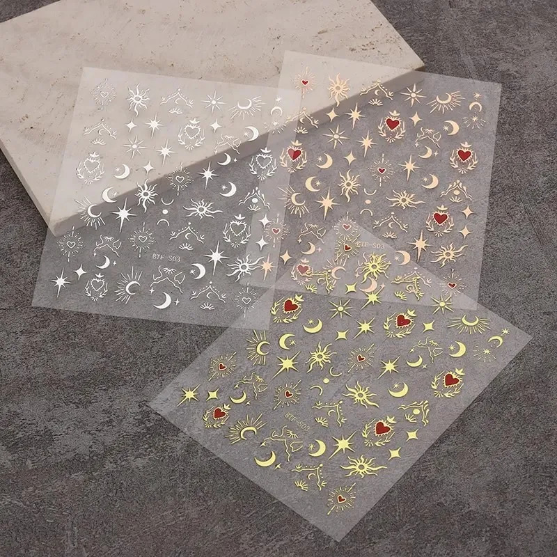 3 3D stickers for nails gold and silver roses gold laser butterfly moon sun adhesive slider DIY nail art sticker accessories 240625
