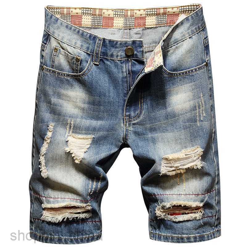 Men's Shorts new Male holed denim midpants with straight tube cloth large size Capris man shorts fashion