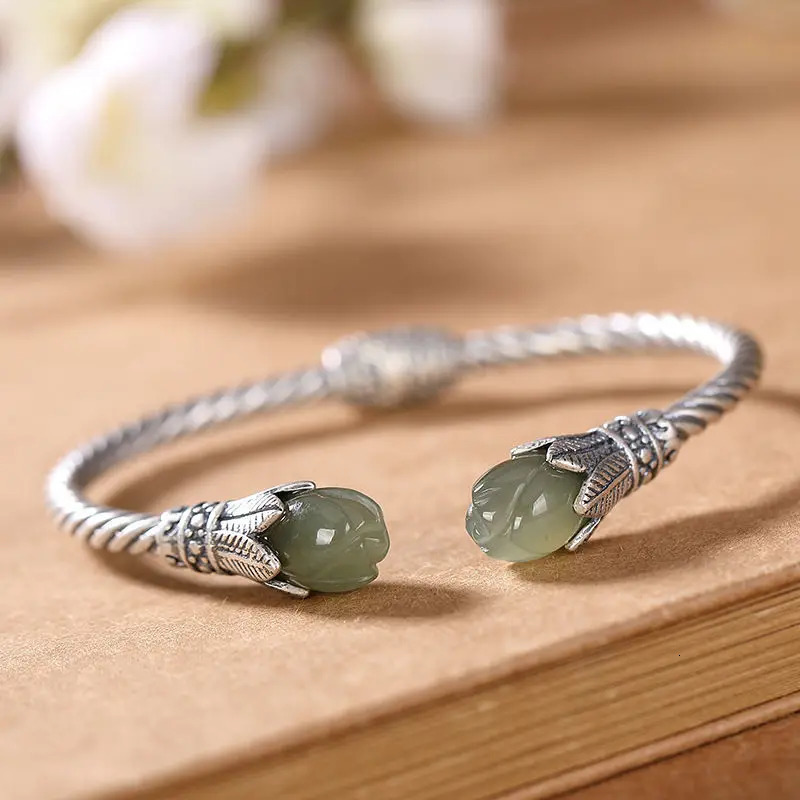 Original S925 Sterling Silver Hetian Jade Gray Jade Personality Magnolia Antique Distressed Ladies Open-Ended Bracelet 240624