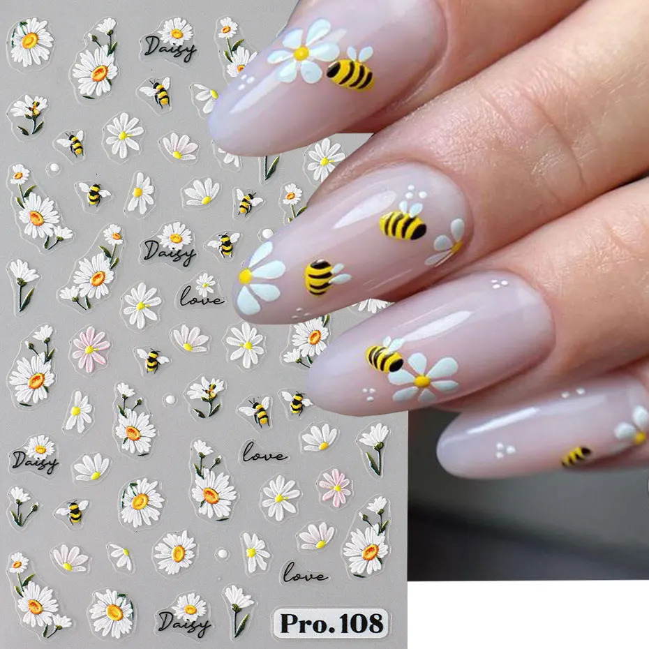 5D Cute Bees Chrysanthemums Nail Stickers Petals Flowers Butterflies Insects Self Adhesive Craft Stickers DIY Charm Foil Decorative Nails 240625