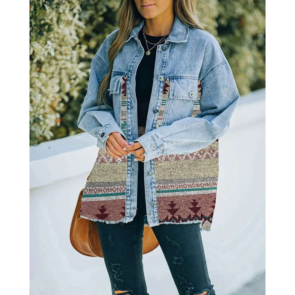 2024 Autumn and Winter New Patchwork Woolen Coat Retro Furred Mid-length Denim Jacket Women F6.26#64.5