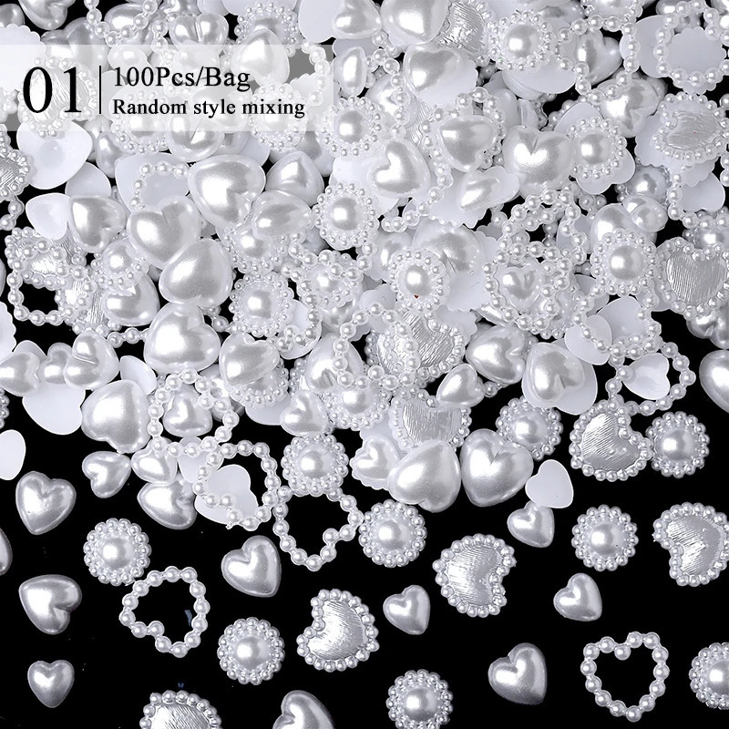 100 pieces/200 pieces mixed pearl nails Rhinestone 3D semi-circular pearl beads colored love star nails charming nail art DIY 240625