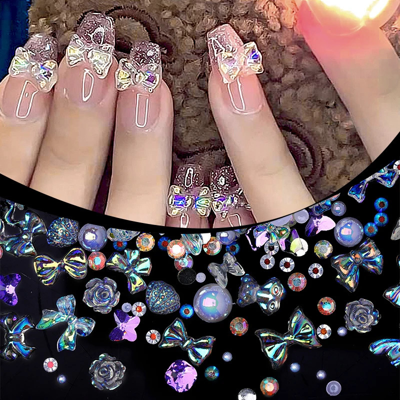 100 pieces of mixed resin nail art charm Kawaii candy colorful flower bow rhinestone pearl jewelry jelly crystal nail decoration 240625
