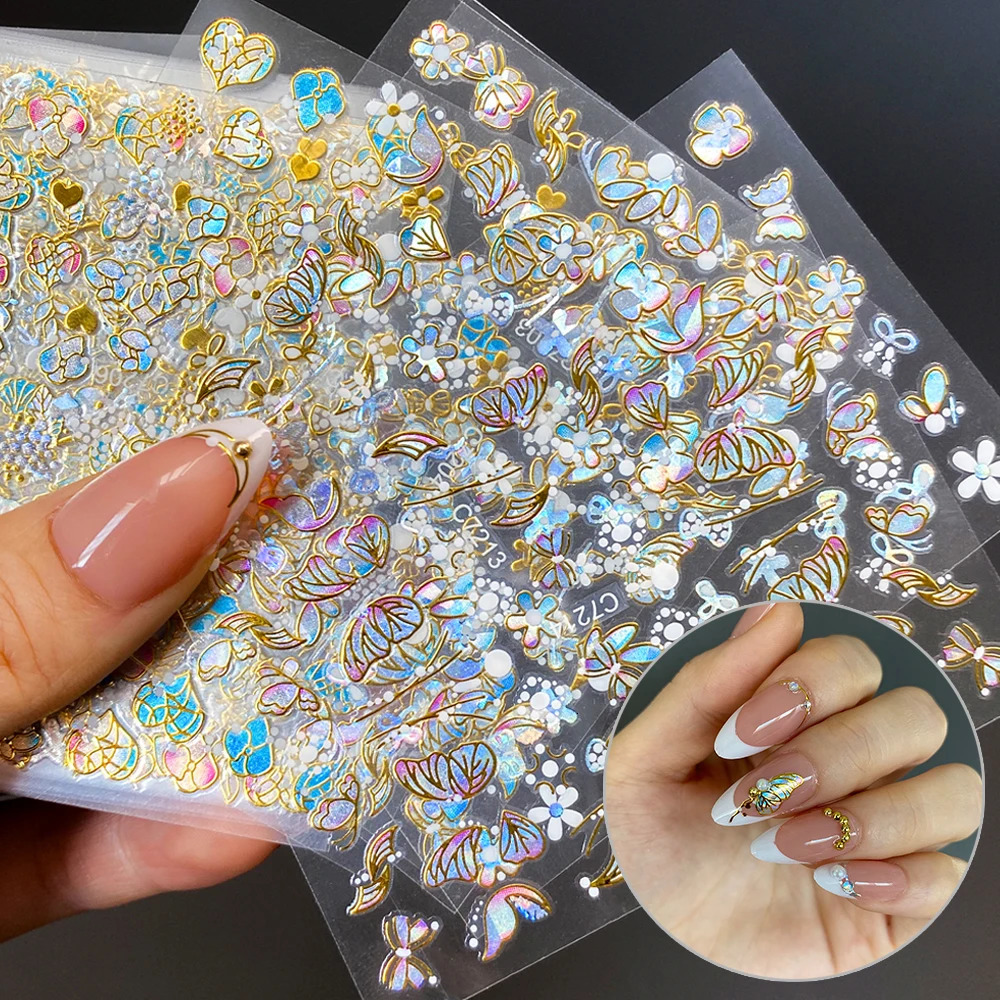 20 Spring Flower Nail Stickers 3D Self Adhesive Colored Gold Blue Butterfly Nail Stickers Gold Decoration Y2K 240625