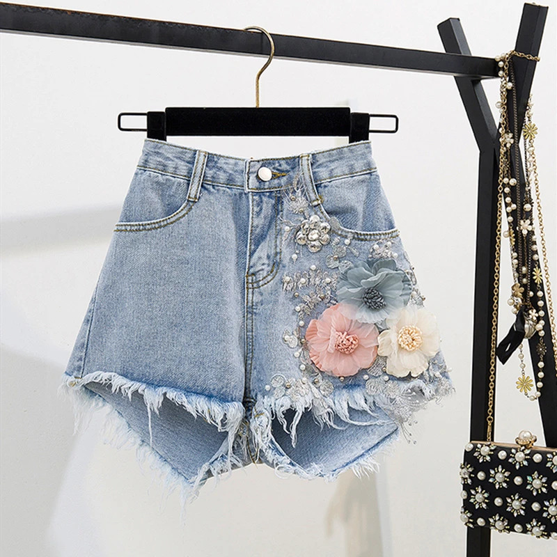 Fashion Cotton TShirt Tops Short Jeans 2 Pieces Sets Summer Womens Denim Pants Outfits 3D Flowers Beading Suits 240618