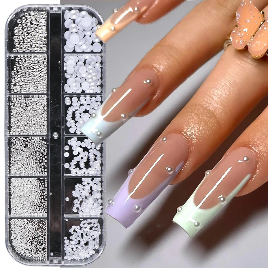 White Pearl Nail Art Rhinestone Half Round Beads Mixed in Size Half Round Flat Back Pearl for DIY Decoration Nail Beads Stone 240625