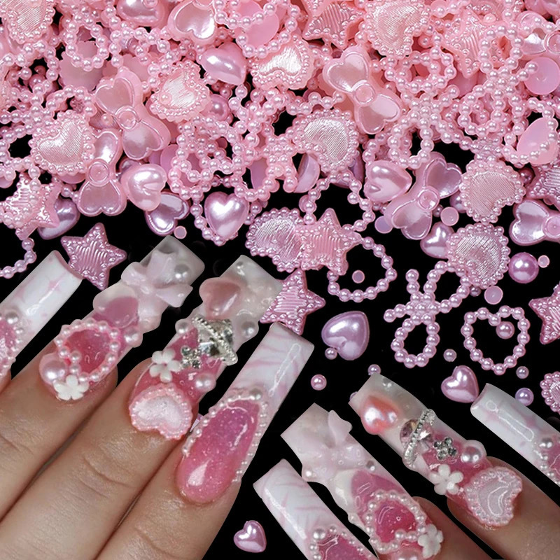 100 pieces of pearl pink bow heart-shaped mixed nail decoration Kawaii nail art charm star butterfly DIY nail accessories 240625