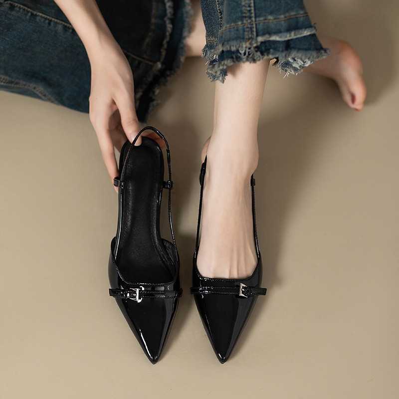 Thin heel women's pointed toe patent leather new hollow back sandals versatile retro 2024 summer French toe sandals red
