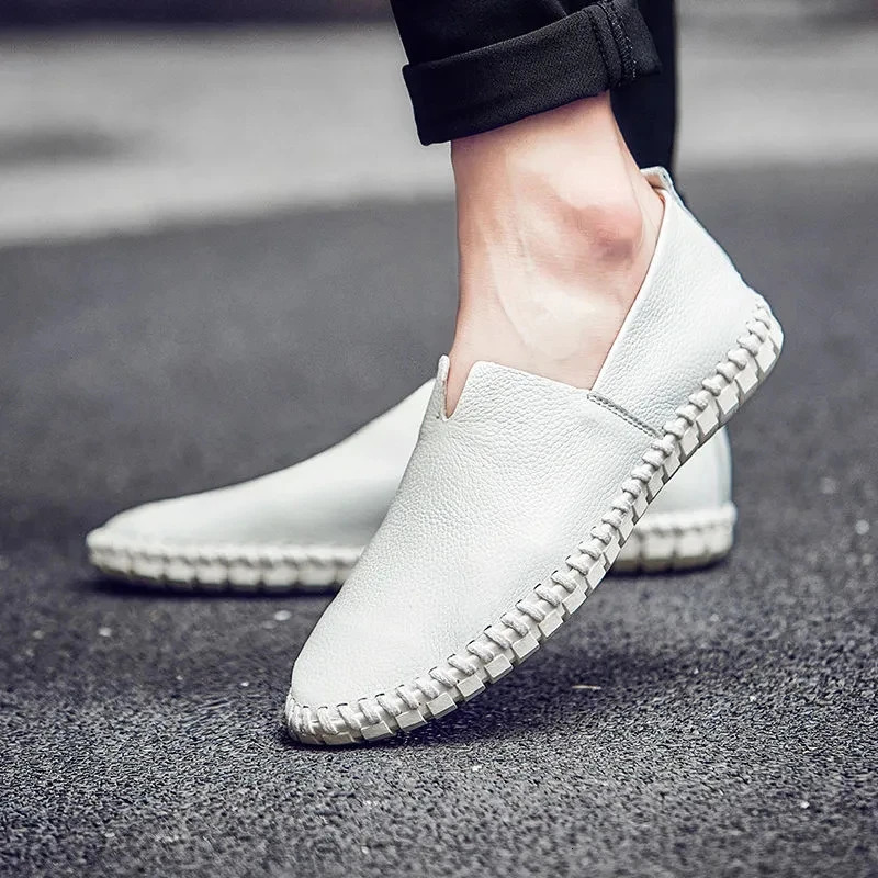 Large Size 48 49 Genuine Leather Flat Shoes Men White Soft Casual Sneakers Male Comfy Walking Driving Shoes Loafers Moccasins 240626