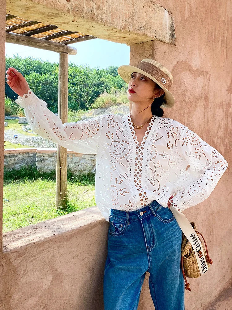 GypsyLady France Elegant Chic Shirt Blouse Floral Embroidery White Cotton Hollow Out Sexy Long Sleeve Women Holiday Ladies Tops 240625