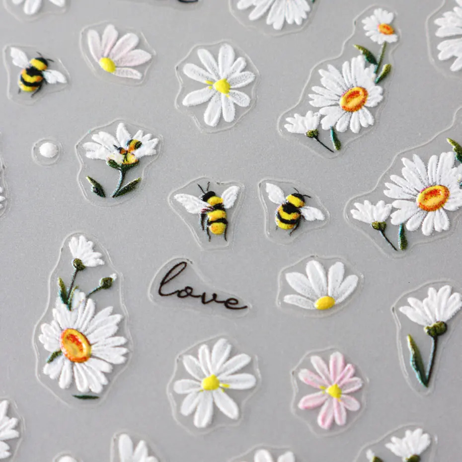 5D Cute Bees Chrysanthemums Nail Stickers Petals Flowers Butterflies Insects Self Adhesive Craft Stickers DIY Charm Foil Decorative Nails 240625