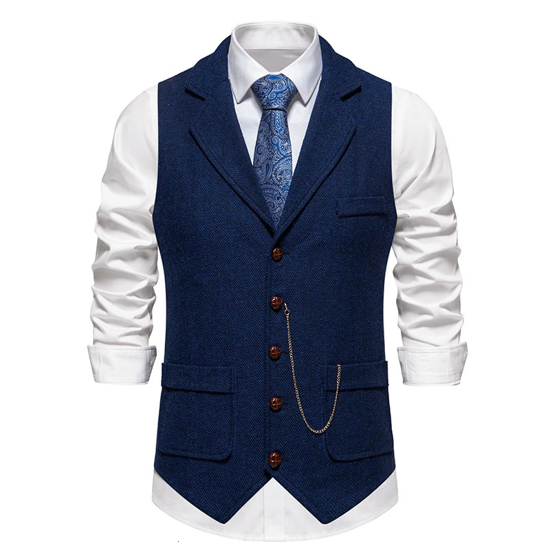 Mens Retro Lapel Chain Vest Fashion Herringbone Coarse Tweed Pockets Suit Vest British Casual Vintage Gentleman Leisure Party 240615