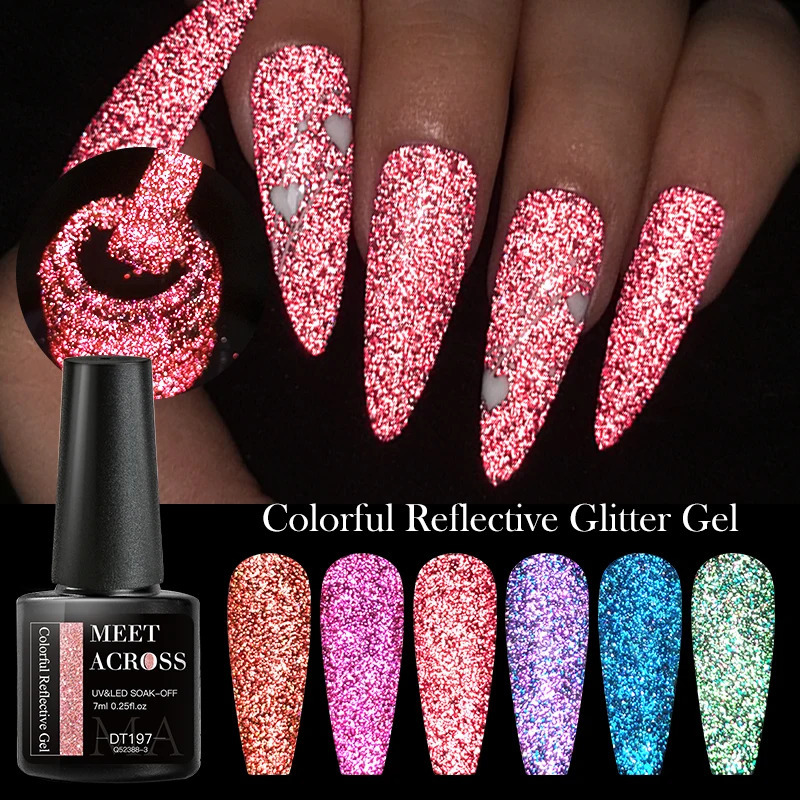 MEET ACROSS 7ml Reflective Glitter Gel Nail Polish Glitter Reflective Effect Semi anent UV LED Nail Art Gel Varnish Manicure 240625