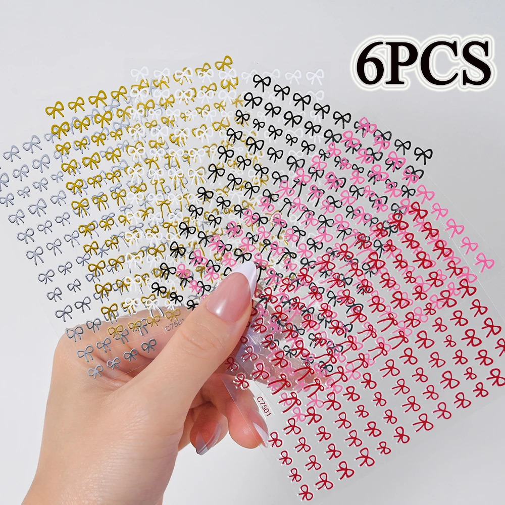 6 pieces of 3D cute bow shaped nail tip decorative stickers with bow shaped nails. Gold/Silver/Pink bow shaped nail charm adhesive slider 240625