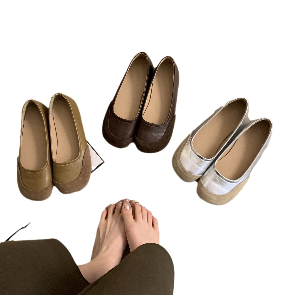 Soft and comfortable, Han Fan color-blocked 2024 spring new square head cowhide stitched shallow flat single shoes women sliver