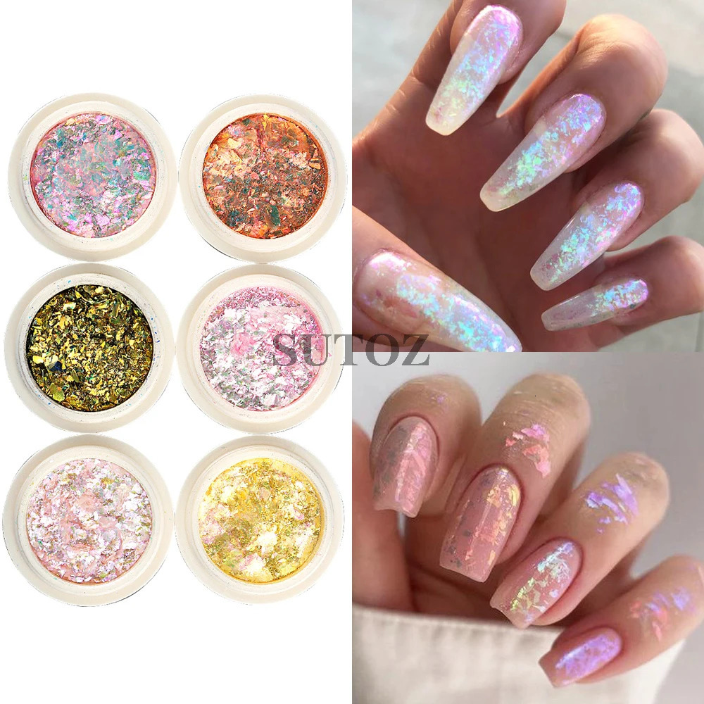 Crystal Opal Nail Flakes Pink Purple Holographic Glitter Nail Sequins Aurora Chrome Foil Powder DIY Manicure Decoration GLB-ONB 240625