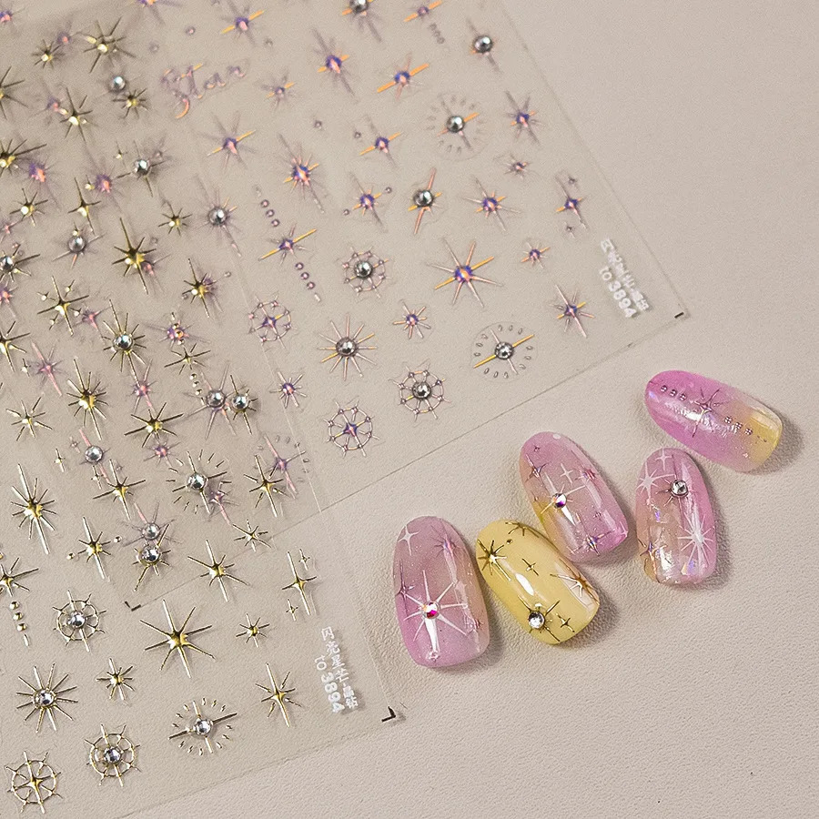 5D Copper Star Nail Art Sticker 1 Deluxe Diamond Gold Silver Laser Five Corner Self Adhesive Nail Decoration Slider Decal 240625