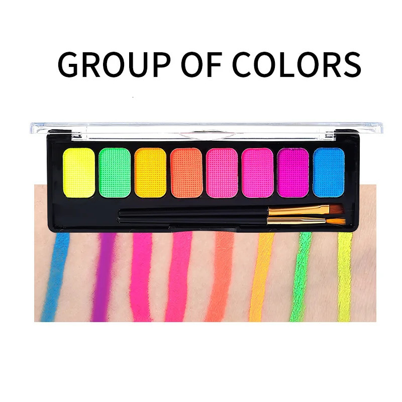 8-Color Water-Soluble Fluorescent Body Paints Halloween Dark Night Glow Paintbrush DIY Quick Dry Camouflage Paste Eyeline Makeup 240626