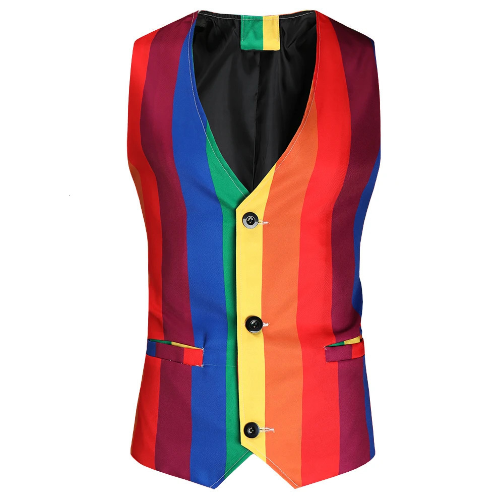 Mens Sleeveless Suit Vests Fashion Rainbow Striped Print Buttons Blazer Waistcoat Male Plus Size Formal Business Jacket Vest 4XL 240615