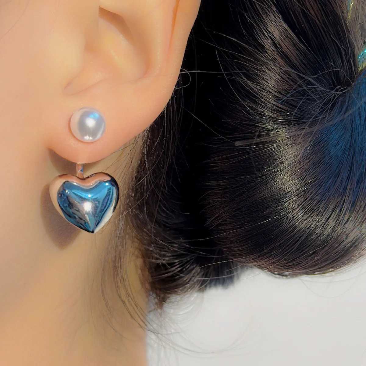 Charm Romantic 2 In 1 Heart Shape Dangle Earrings for Women Trendy Imiation Pearl Bead Drop Earrings Silver Color Metal Jewelry Gift
