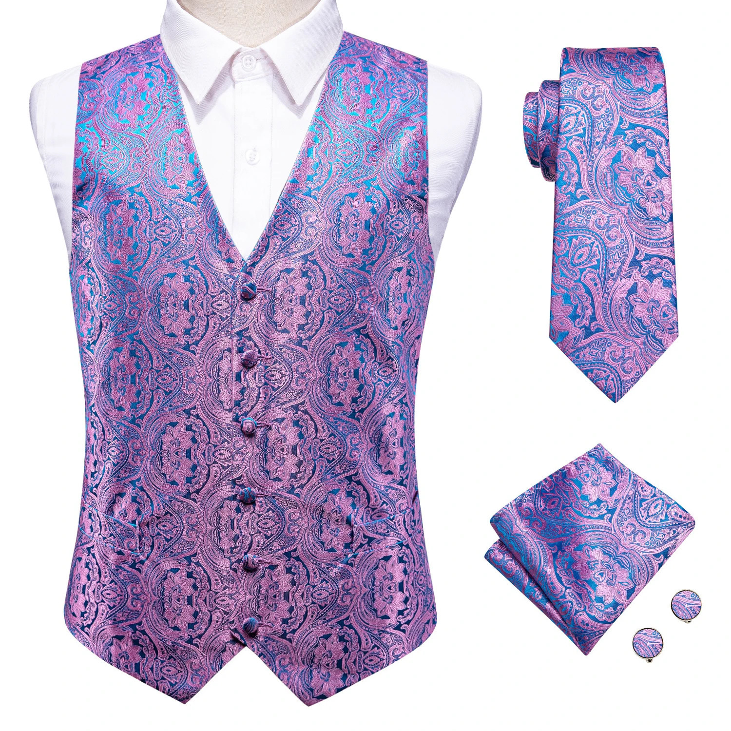 Wedding Purple Silk Men Vest Paisley Slim Fit Necktie Hankerchief Cufflinks Sets Male Sleeveless V-Neck Waistcoat Party Hi-Tie 240615