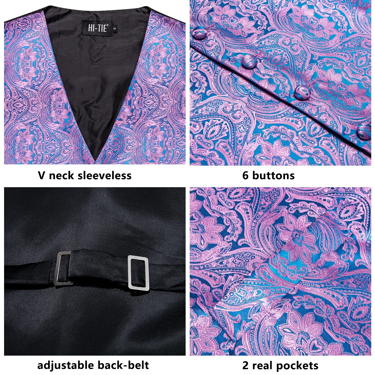 Wedding Purple Silk Men Vest Paisley Slim Fit Necktie Hankerchief Cufflinks Sets Male Sleeveless V-Neck Waistcoat Party Hi-Tie 240615