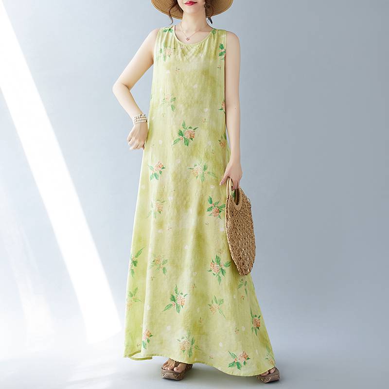 Sleeveless round neck printed dress, oversized women's new Bohemian vacation summer