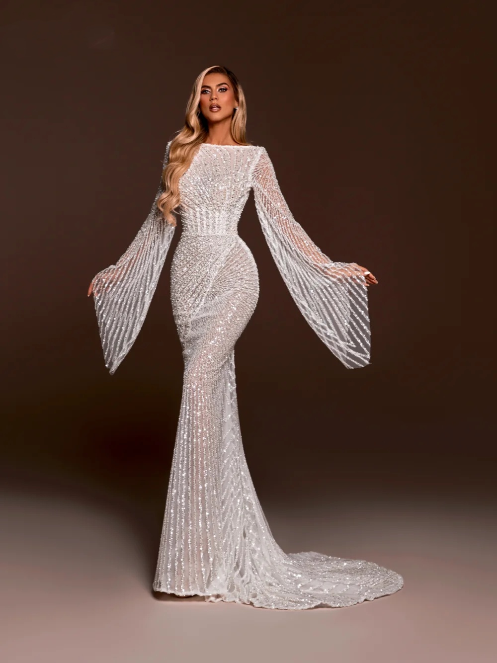 Fashion Mermaid Wedding Dresses For Women Sequins Bride Long Sleeve Princess Pearls Beading Bridal Dress Illusion Vestidos De Novia