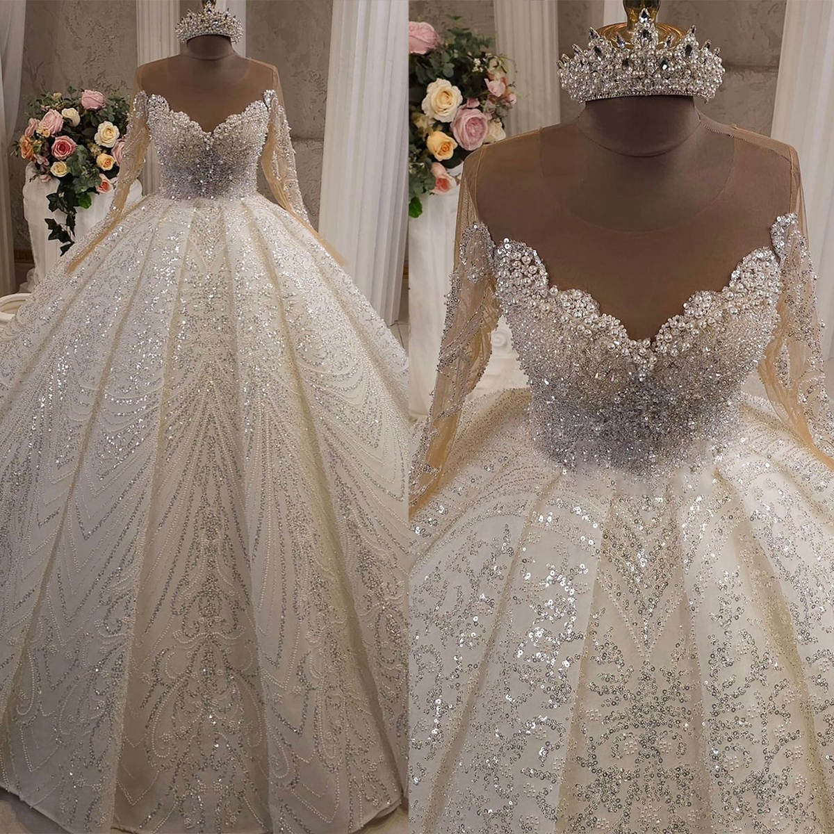 Luxury Ball Gown Wedding Dress Sheer Neck Long Sleeves Bridal Gown Sequins Pearls Beads Sweep Train Dresses Custom Made vestidos de novia