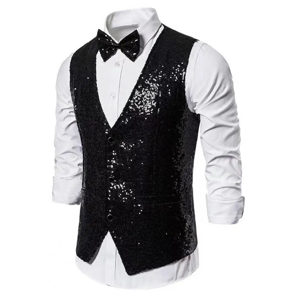 Men Sequin Waistcoat Sleeveless Slim Fit Shiny Blazer Vest Party Wedding Waistcoat Suit Vest Men Stage Performance Sequin Vest 240615