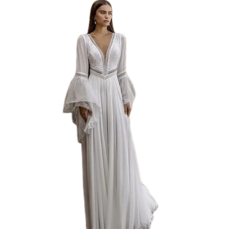 Beach Long Chiffon Wedding Dresses Deep V-Neck Pleats Long Flare Sleeves Boho Bridal Gowns Lace Appliques Backless White Wedding Gown Sweep Train 2024