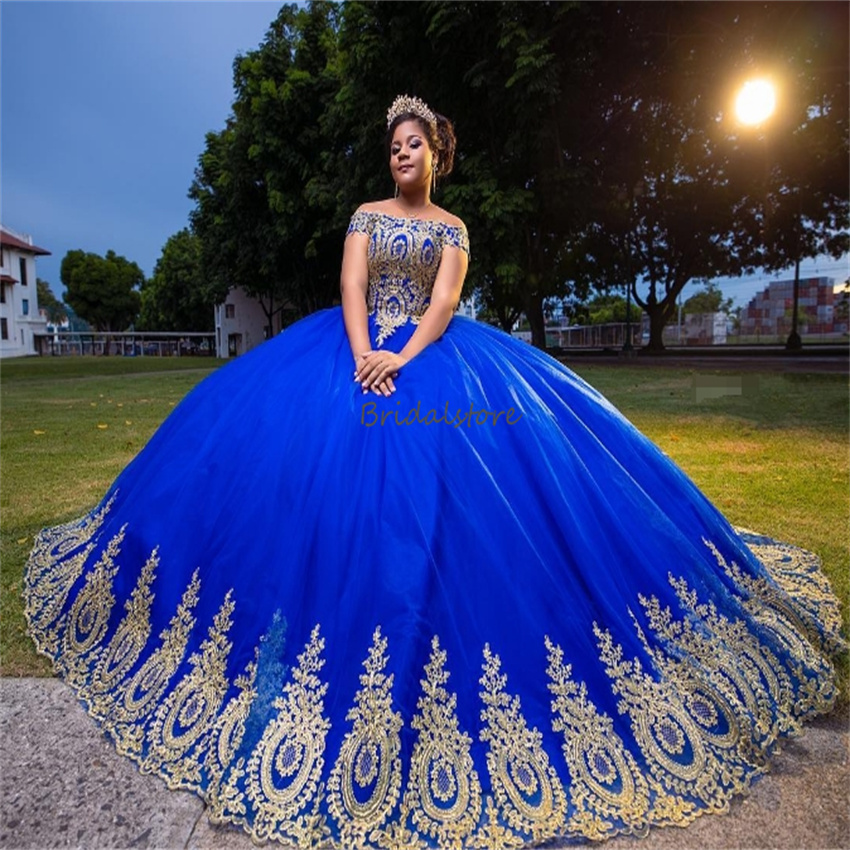 Royal Blue Plus Size Vestidos De 15 Quinceanera 2024 Off Shoulders Ball Gown Masquerade Fifteen Birthday Dress Gold Appliques Elegant Pageant Formal O
