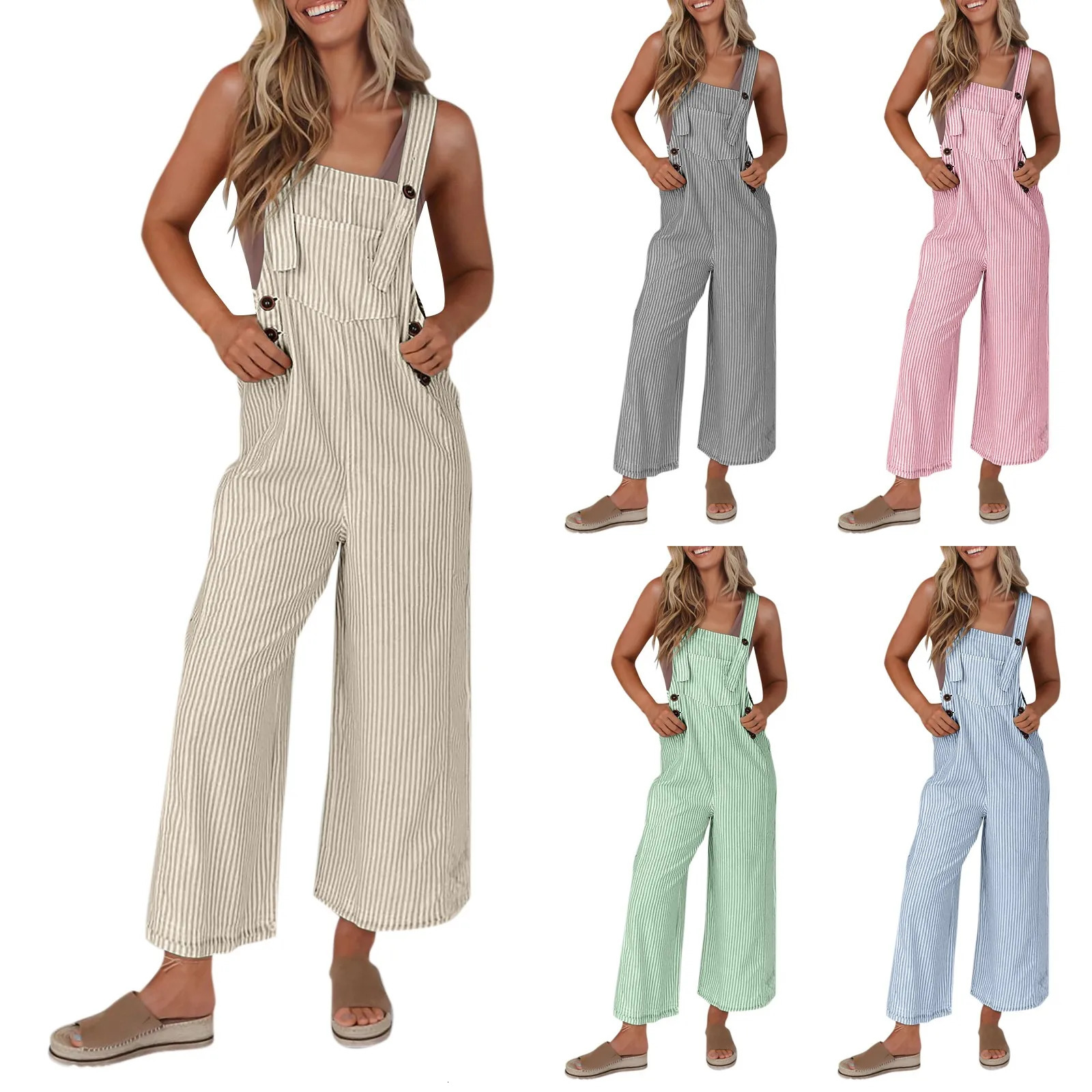 Fashion Women Girls Loose Stripe Jumpsuit Strap Dungaree Wide Leg Trousers Ladies Overall Pants Casual Playsuits Plus Size M-3xl 240626