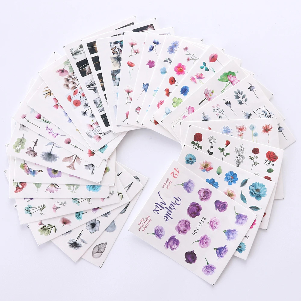 24 sheets/set of spring nail polish stickers flower and leaf graffiti sliders summer flowering colored plant patterns 3D ergonomic stickers 240625