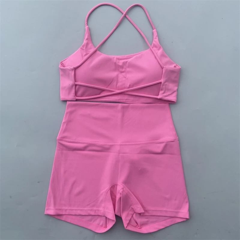 Yoga Shorts Set Gym Sports Set 2 Piece Women Workout Outfit Fitness Suit Cross Straps Bra High Waist Shorts Running Tracksuit 240625