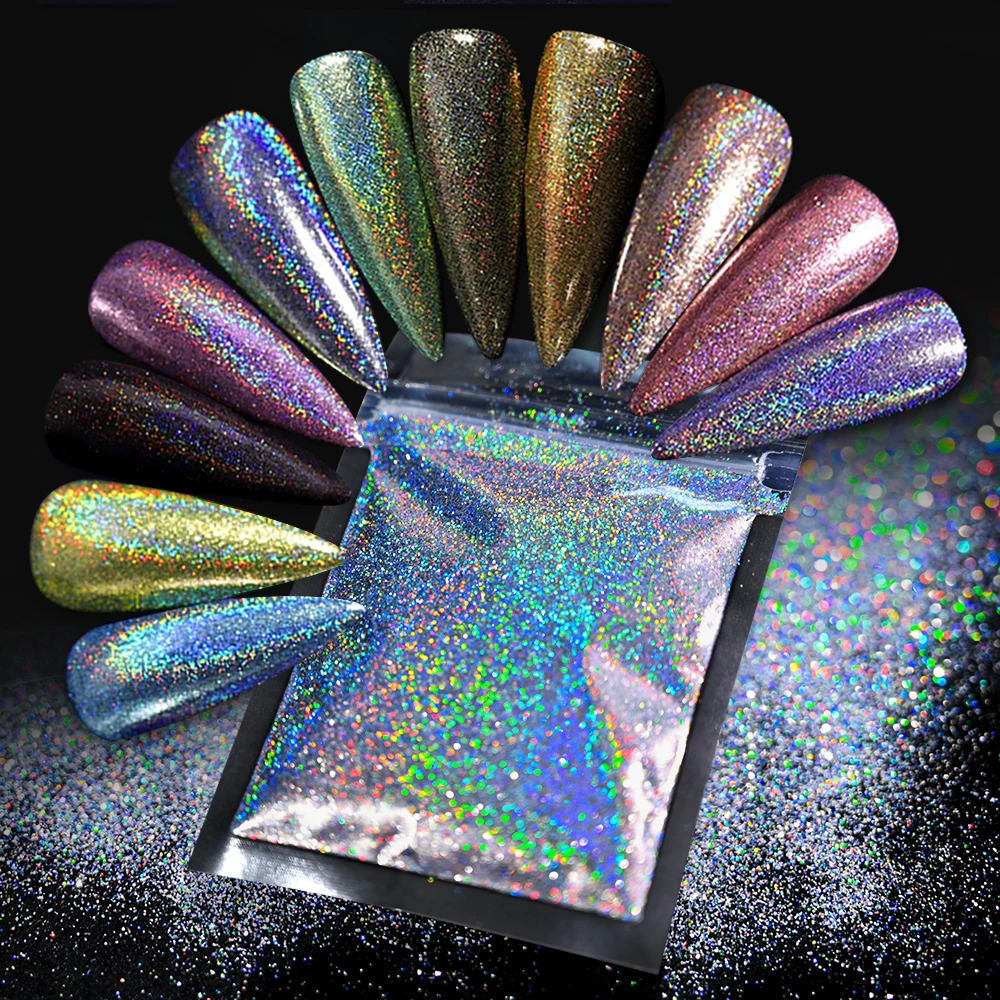 10g/5g Laser Holographic Rainbow Nail Glitter 0.2mm Ultra Fine Sparkly Nail Powder Rub Dust Glitter Chrome Pigment 240625
