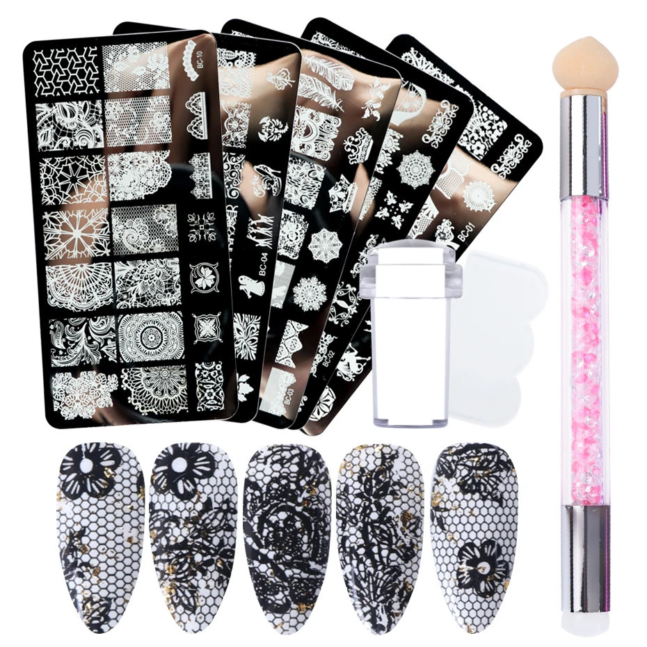 4-piece nail art stamping board lace pattern image template stamping gradient nail brush set template tool LYBC01-20-2 240625