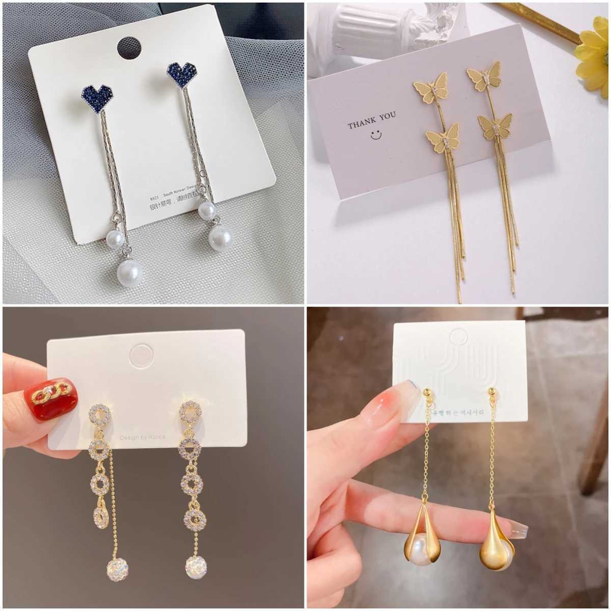 Charm New Fashion Long Drop Earrings for Women Flower Star Moon Heart Butterfly Wings Crystal Pearl Round Geometry Tassel Ear Jewelry